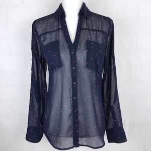 Express The Portofino Shirt Navy Heart Sheer Top